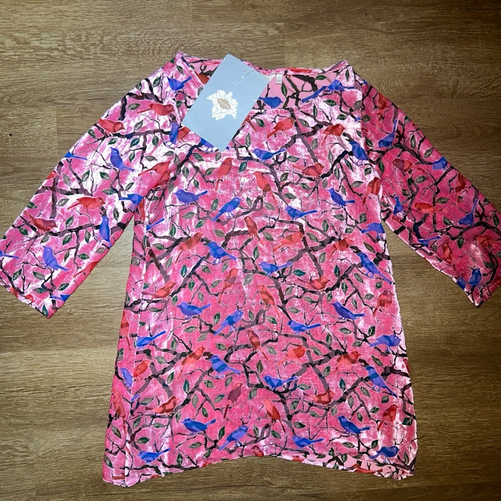 Soft Surroundings Birdie Tunic Strawberry Pink Burnout Velvet Bird Print Top S - Picture 2 of 7